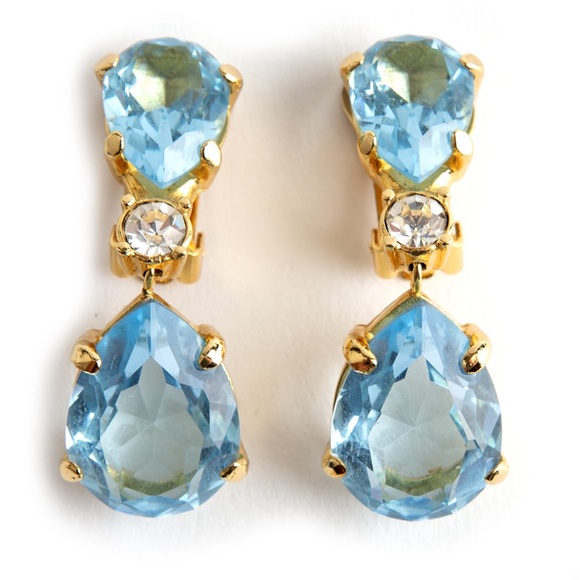 RARE FIND Vintage Dior Blue Glass & Rhinestone Drop Dangle 1980s Clip Earrings - Picture 1 of 7